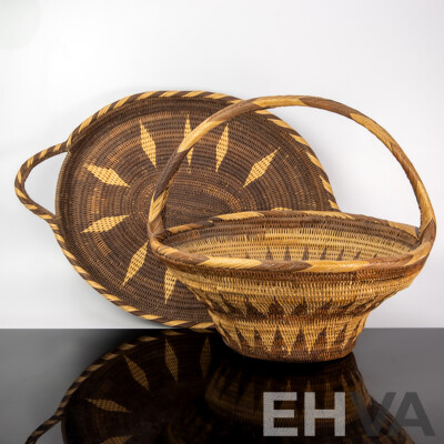 Large Hand Made Fibre Papua New Guinea Buka Basket Along with Similar Buka Tray