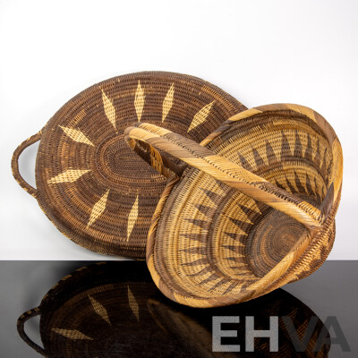 Large Hand Made Fibre Papua New Guinea Buka Basket Along with Similar Buka Tray