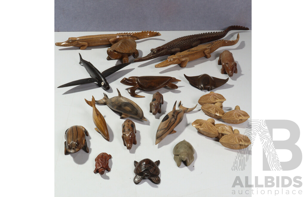 Collection Carved Wooden Figures From PNG & Trobriand Island Including Fantastic Ebony Flying Fish Example and More