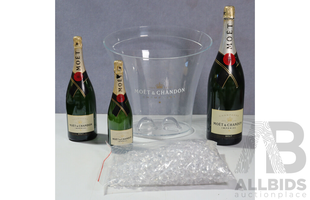 Moet Chandon Ice Bucket, Three Empty Bottles and Glass Ice