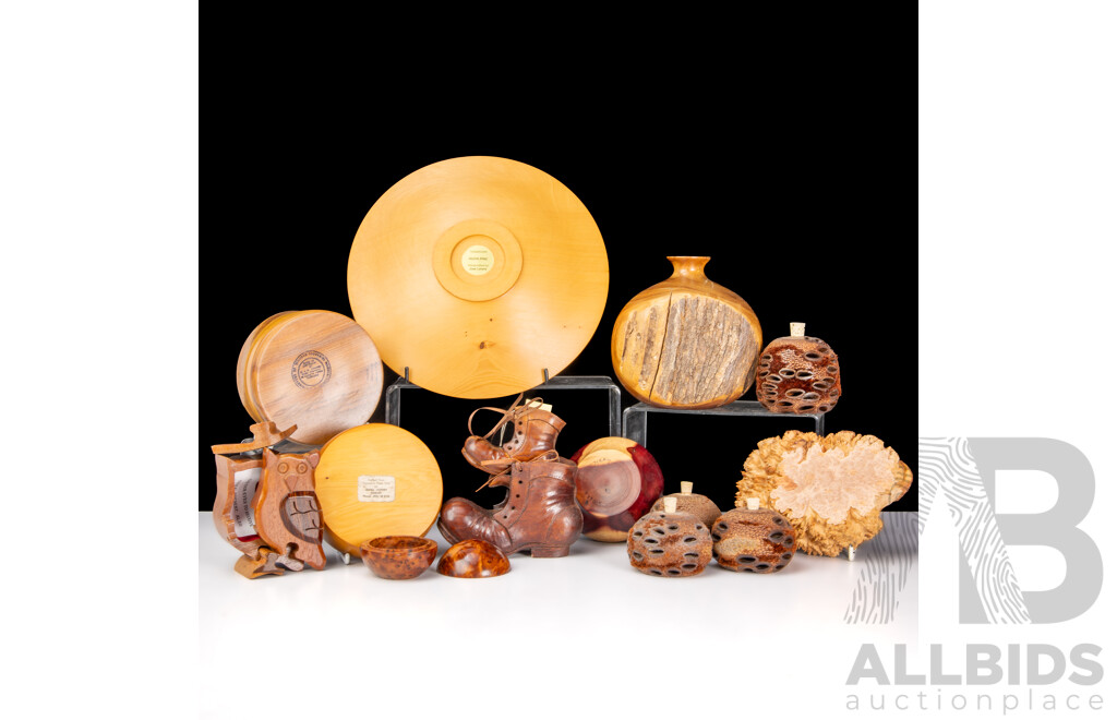 Nice Collection Australian Hand Turned Treen Including Huon Pine Appetizer Dish by Jose Lehete, Huon Pine Dish, Purple Gidgee Dish by Neal Kirkham with Pewter Top and More