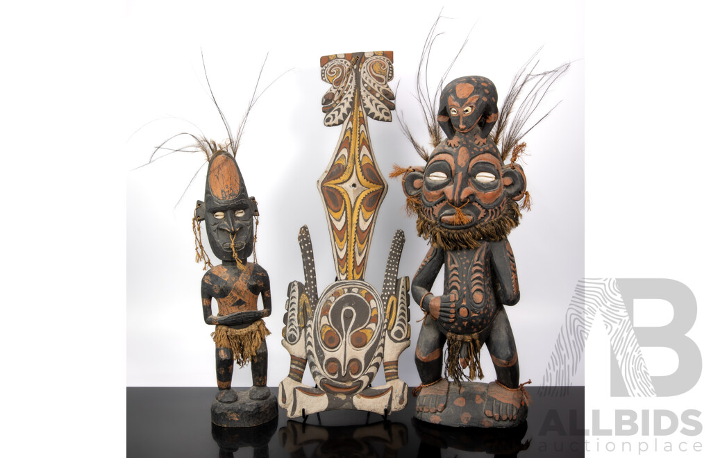Collection Two Vintage Hand Carved Wooden PNG Sepik River Figures with Cowrie Shell & Feather Detail Along with Polychrome Decorated PNG Spirit Hook