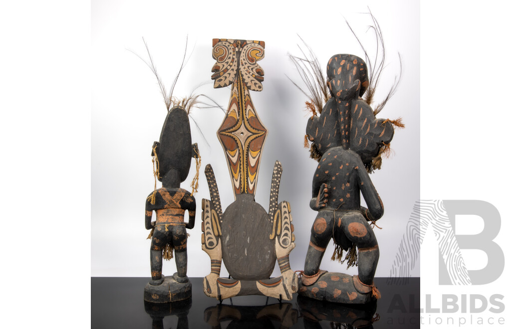 Collection Two Vintage Hand Carved Wooden PNG Sepik River Figures with Cowrie Shell & Feather Detail Along with Polychrome Decorated PNG Spirit Hook