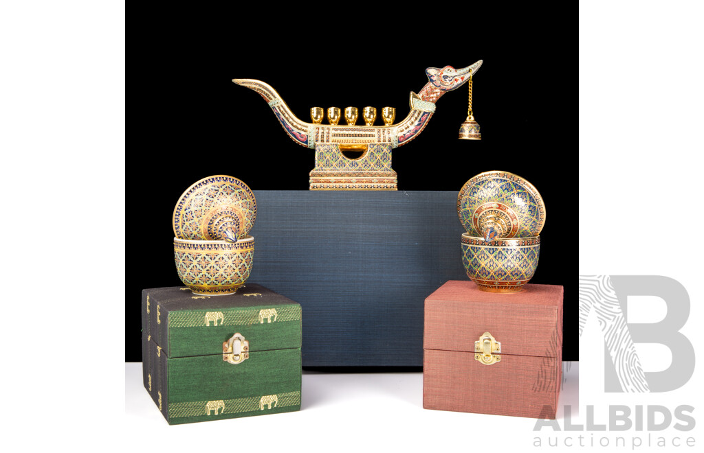 Collection Hand Painted Porcelain From Siam Comprising Dragon Boat Form Candle Holder & Two Lidded Container, All in Original Presentation Boxes