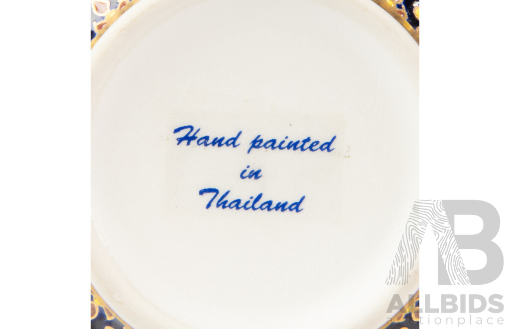 Collection Hand Painted Porcelain From Siam Comprising Dragon Boat Form Candle Holder & Two Lidded Container, All in Original Presentation Boxes