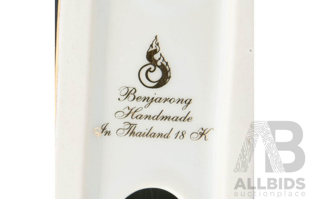 Collection Hand Painted Porcelain From Siam Comprising Dragon Boat Form Candle Holder & Two Lidded Container, All in Original Presentation Boxes