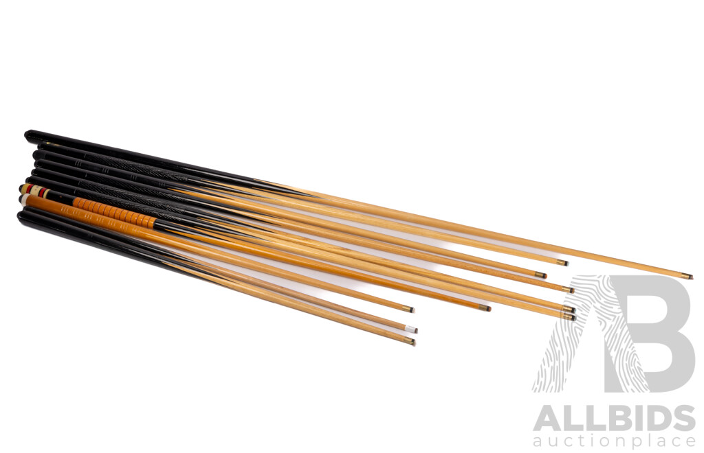 Collection of Ten Pool Cues in Assorted Sizes