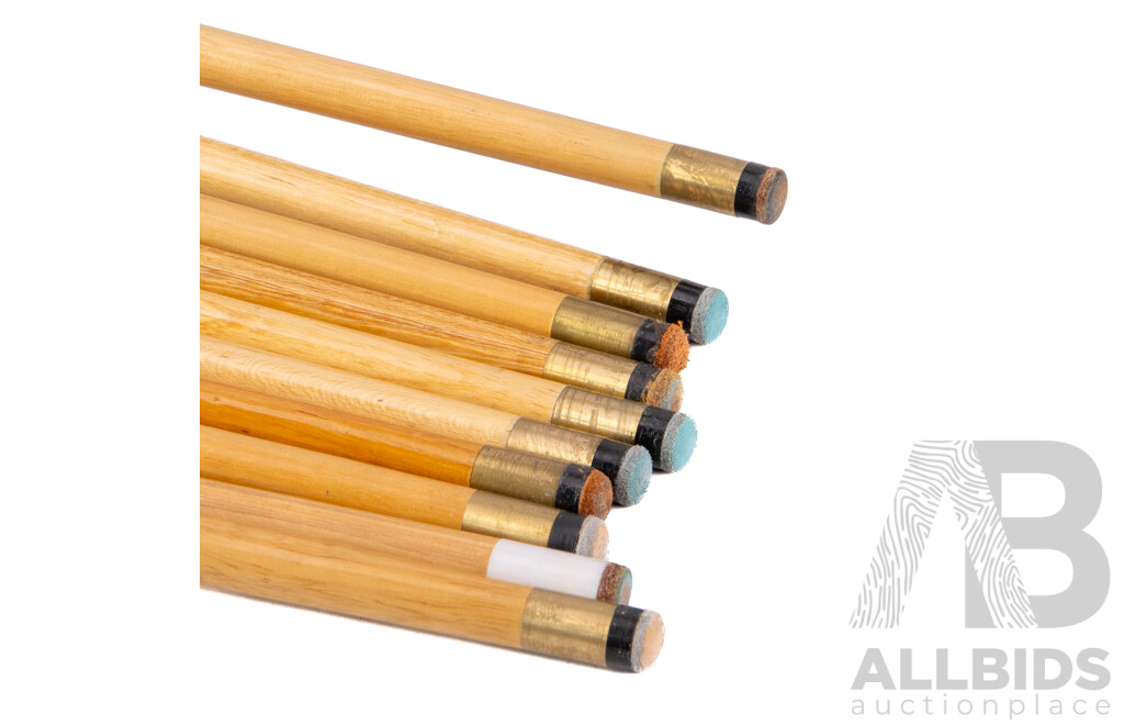 Collection of Ten Pool Cues in Assorted Sizes