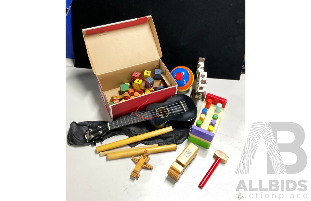 Collection of Vintage Timber Toddlers Toys and Mahalo Ukulele