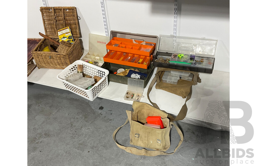 Collection of Vintage Fishing Tackle, Basket, Hessian Shoulder Bags, Cork Hand Reels