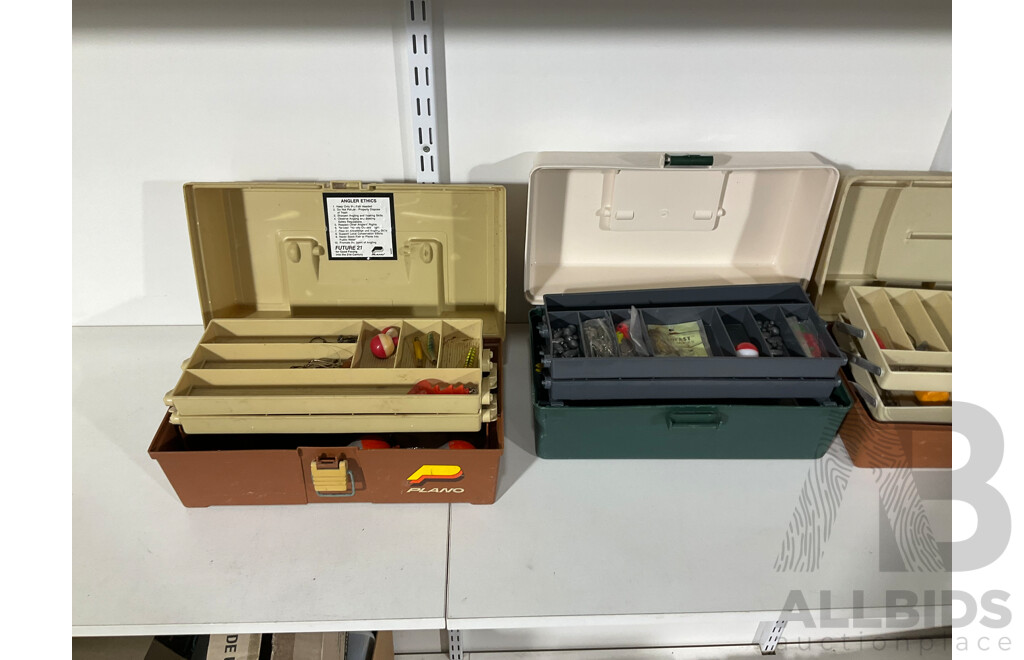 Five Fishing Tackle Boxes with Vintage Hooks, Floats, Sinkers, Line, Swivels, Lures