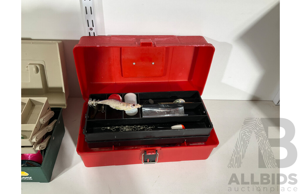 Five Fishing Tackle Boxes with Vintage Hooks, Floats, Sinkers, Line, Swivels, Lures