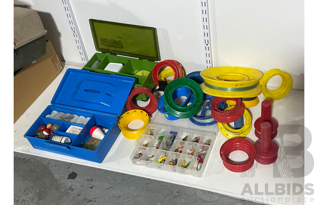 Five Fishing Tackle Boxes with Vintage Hooks, Floats, Sinkers, Lures and Sixteen Hand Reels