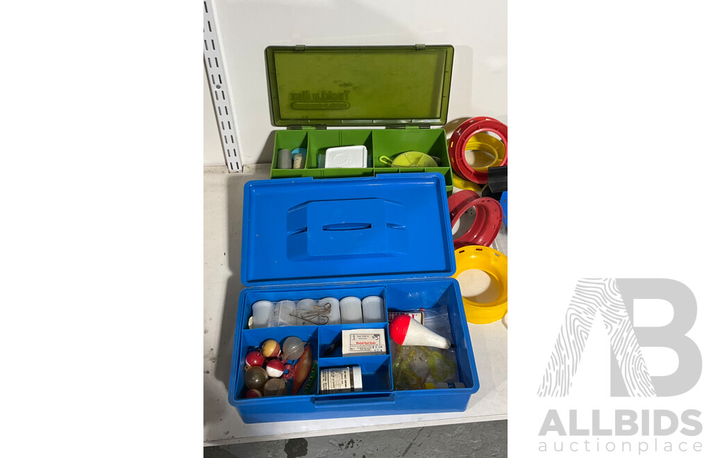 Five Fishing Tackle Boxes with Vintage Hooks, Floats, Sinkers, Lures and Sixteen Hand Reels