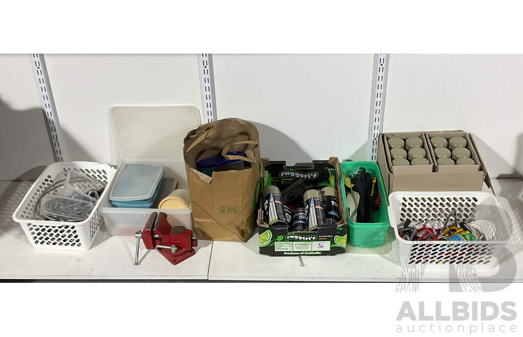 Collection of Vintage Tools Including Wrenches, Clamps, Vices, Hooks, Chains, Shackles, Eighteen Cans of White Knight Cove Spray Paint, Vintage Tupperware