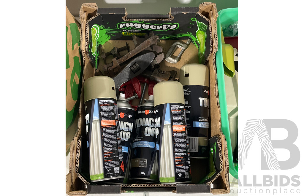 Collection of Vintage Tools Including Wrenches, Clamps, Vices, Hooks, Chains, Shackles, Eighteen Cans of White Knight Cove Spray Paint, Vintage Tupperware