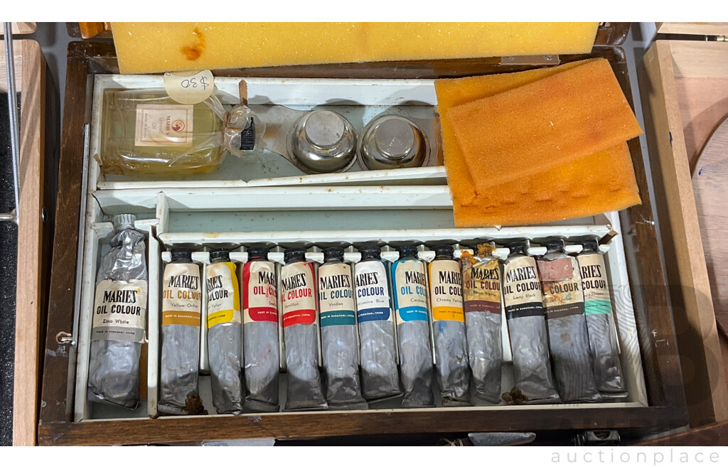 Three Timber Artists Boxes with Paints, Palette, Three Eazle Tripods