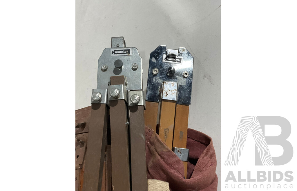 Three Timber Artists Boxes with Paints, Palette, Three Eazle Tripods