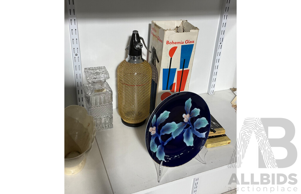 Vintage Fondue Set, G Syphon Bohemia Glass Seltzer Bottle with Original Box, Decanter and Glasses, Glazed Studio Vase, Display Plates Depicting Indigenous Australians, Asian Plate and Urn