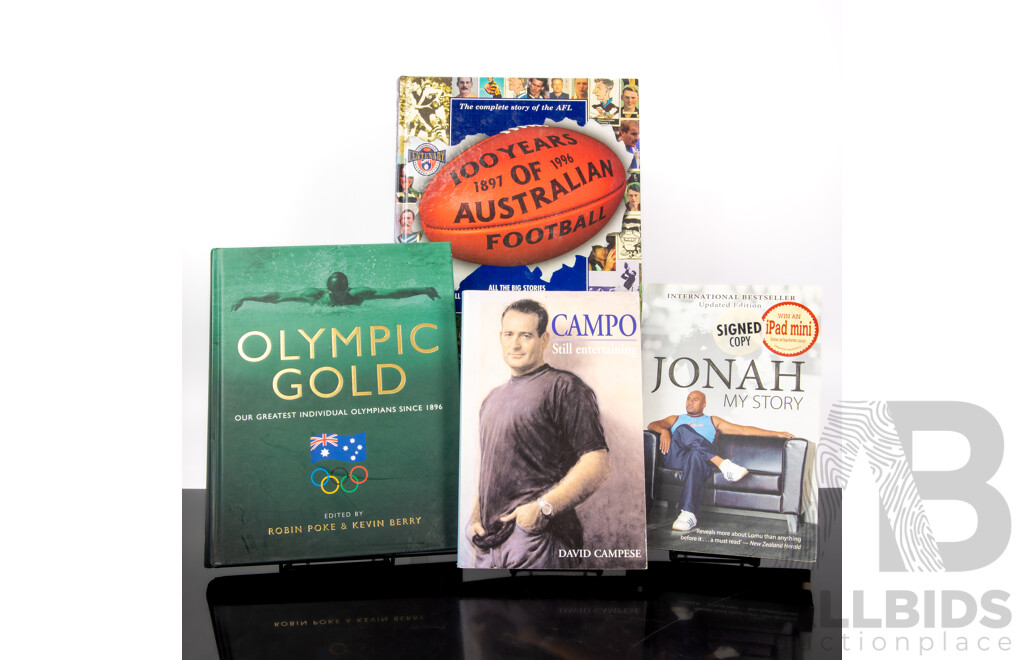 Collection Books Relating to Australian Sport Comprising Signed Jonah Lomu, David Campese, Olympic Gold Signed by Author R Poke and 100 Years of Australian Football