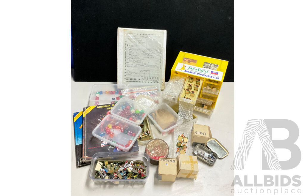 Collection of Advanced Dungeons and Dragons Diecast Figurines, Books, Dice and Score Sheets