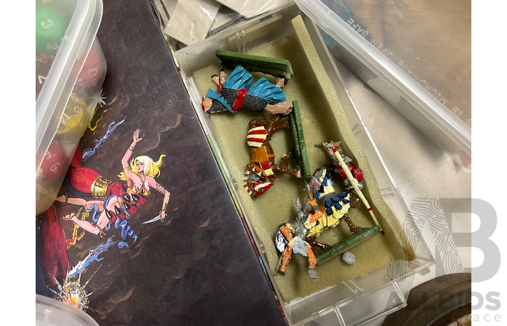 Collection of Advanced Dungeons and Dragons Diecast Figurines, Books, Dice and Score Sheets
