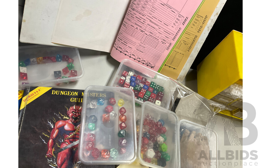 Collection of Advanced Dungeons and Dragons Diecast Figurines, Books, Dice and Score Sheets