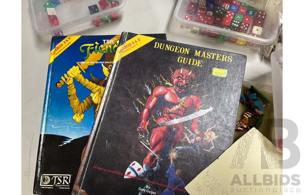 Collection of Advanced Dungeons and Dragons Diecast Figurines, Books, Dice and Score Sheets