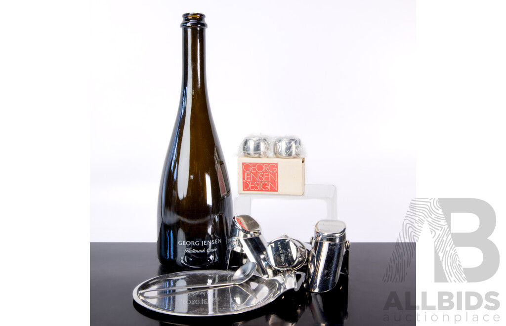 Collection Seven Danish Georg Jensen Pieces Comprising Tray with Spoon, Three Bottle Seals, Pair S & P Shakers in Original Box and Empty Cuvee Bottle