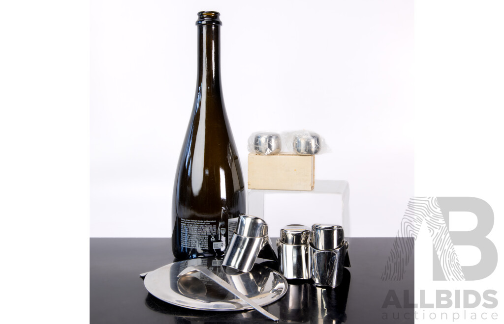 Collection Seven Danish Georg Jensen Pieces Comprising Tray with Spoon, Three Bottle Seals, Pair S & P Shakers in Original Box and Empty Cuvee Bottle