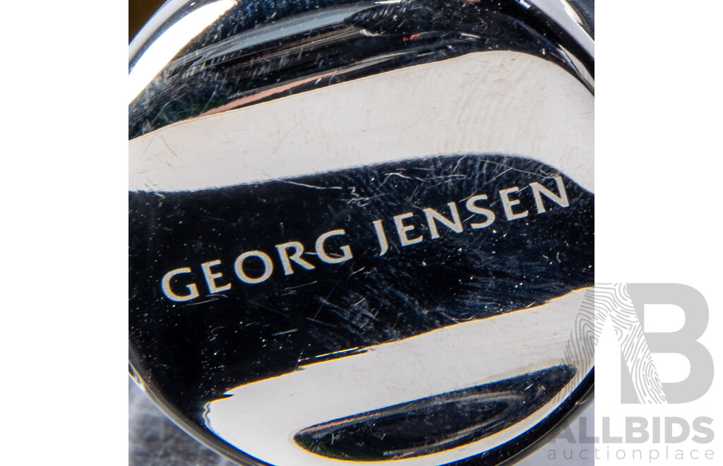 Collection Seven Danish Georg Jensen Pieces Comprising Tray with Spoon, Three Bottle Seals, Pair S & P Shakers in Original Box and Empty Cuvee Bottle