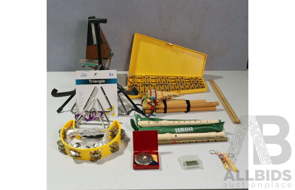 Collection Musical Instruments Including Recorders, Tambourines, Triangles, Pan Pipes and More