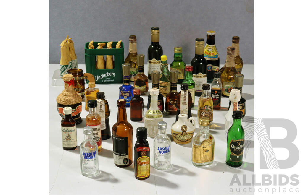 Collection of Empty Miniature Alcohol Bottles Along with 15 Sealed Bottles Underberg