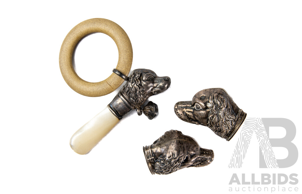 Wonderful Pair Antique Sterling Silver Dog Head Form Salt & Pepper Shakers, Birmingham 1903, Along with Baby's Rattle with Mother of Pearl Handle & Dog Head Form, Birmingham, Hallmarks Worn