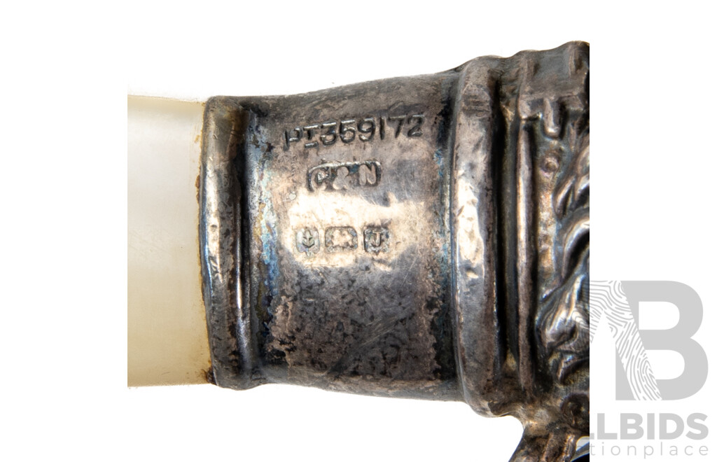 Wonderful Pair Antique Sterling Silver Dog Head Form Salt & Pepper Shakers, Birmingham 1903, Along with Baby's Rattle with Mother of Pearl Handle & Dog Head Form, Birmingham, Hallmarks Worn