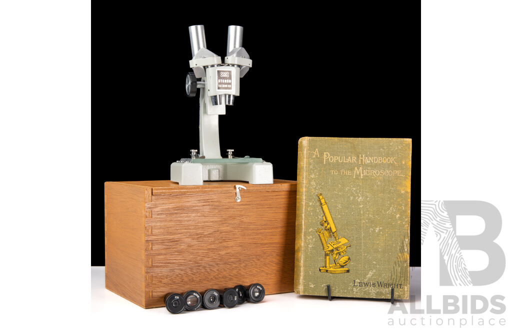 Science World Microscope in Wooden Case Along with a Popular Handbook of the Microscope, L Wright, 1895