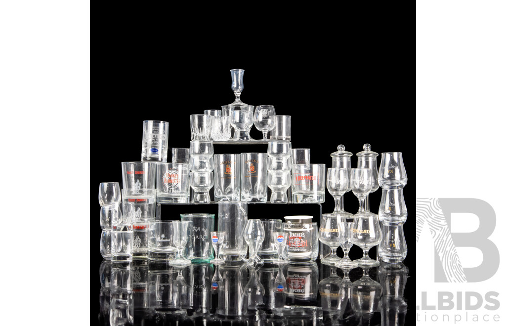 Large Collection Whisky Advertising Tumblers Including Hankey Bannister, Jameson and More