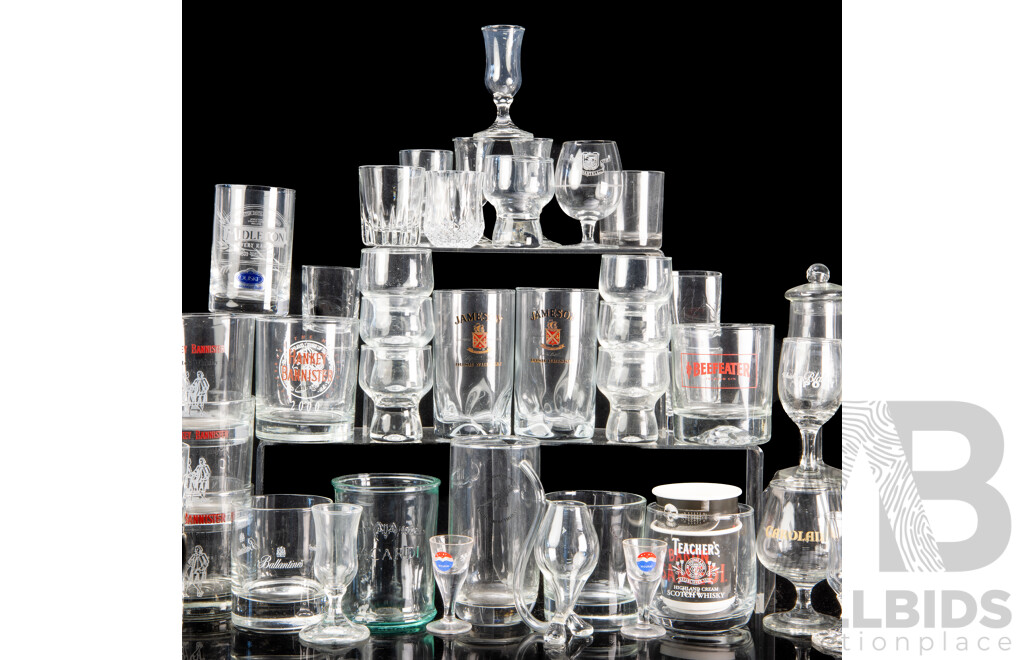 Large Collection Whisky Advertising Tumblers Including Hankey Bannister, Jameson and More