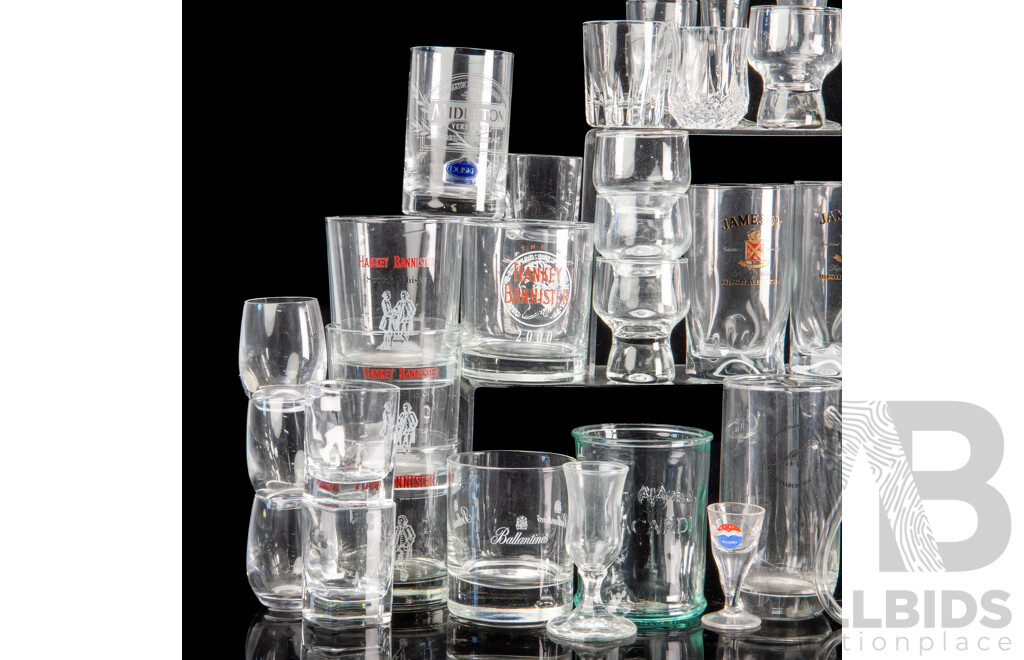 Large Collection Whisky Advertising Tumblers Including Hankey Bannister, Jameson and More