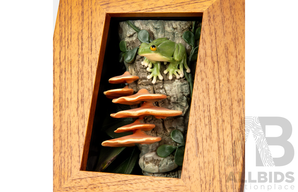 Australian Lindsay Muir Ceramic Frog Sculpture in Bespoke Red Cedar Frame