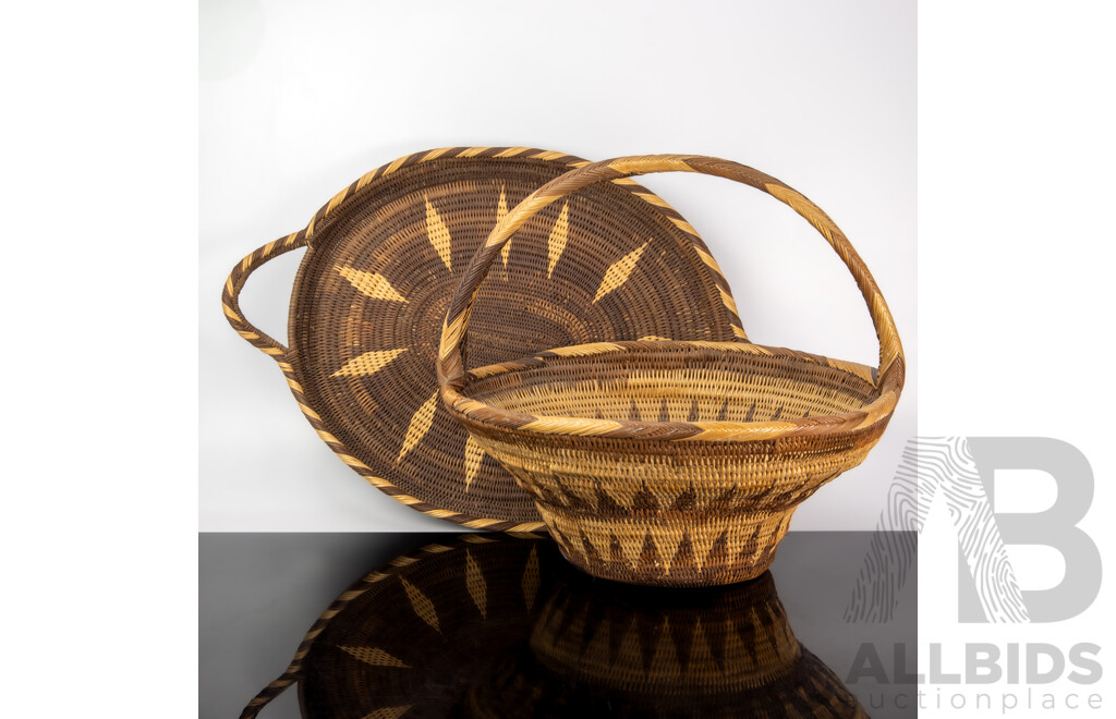 Large Hand Made Fibre Papua New Guinea Buka Basket Along with Similar Buka Tray