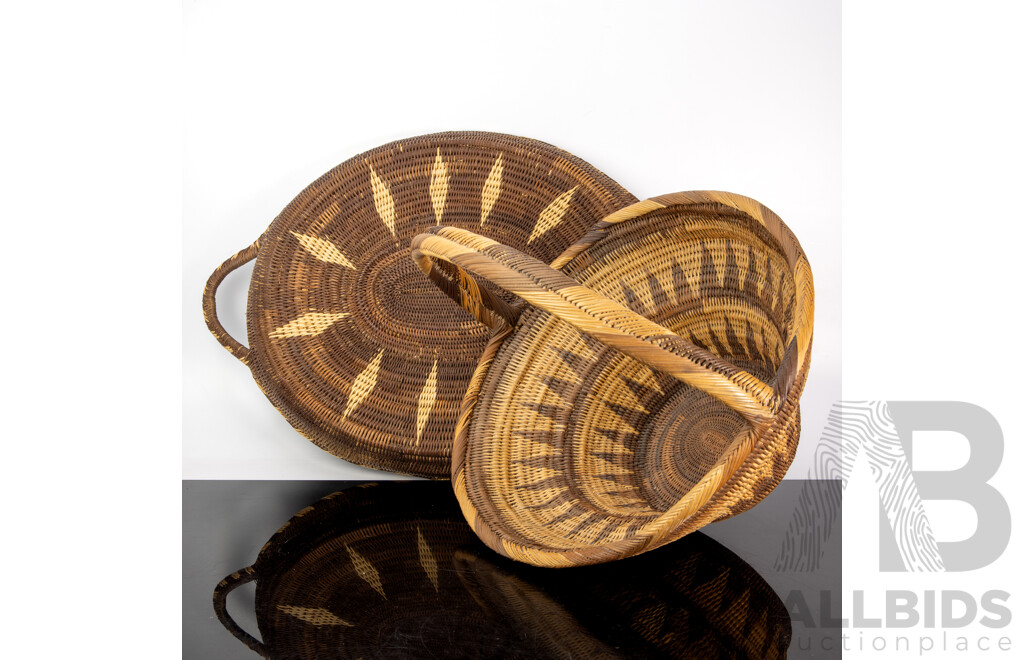 Large Hand Made Fibre Papua New Guinea Buka Basket Along with Similar Buka Tray