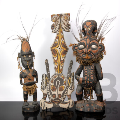 Collection Two Vintage Hand Carved Wooden PNG Sepik River Figures with Cowrie Shell & Feather Detail Along with Polychrome Decorated PNG Spirit Hook