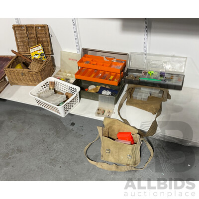 Collection of Vintage Fishing Tackle, Basket, Hessian Shoulder Bags, Cork Hand Reels