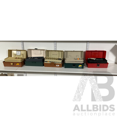 Five Fishing Tackle Boxes with Vintage Hooks, Floats, Sinkers, Line, Swivels, Lures