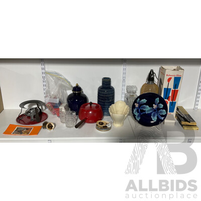 Vintage Fondue Set, G Syphon Bohemia Glass Seltzer Bottle with Original Box, Decanter and Glasses, Glazed Studio Vase, Display Plates Depicting Indigenous Australians, Asian Plate and Urn