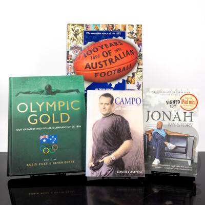 Collection Books Relating to Australian Sport Comprising Signed Jonah Lomu, David Campese, Olympic Gold Signed by Author R Poke and 100 Years of Australian Football