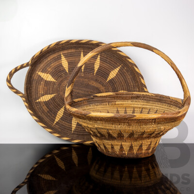 Large Hand Made Fibre Papua New Guinea Buka Basket Along with Similar Buka Tray
