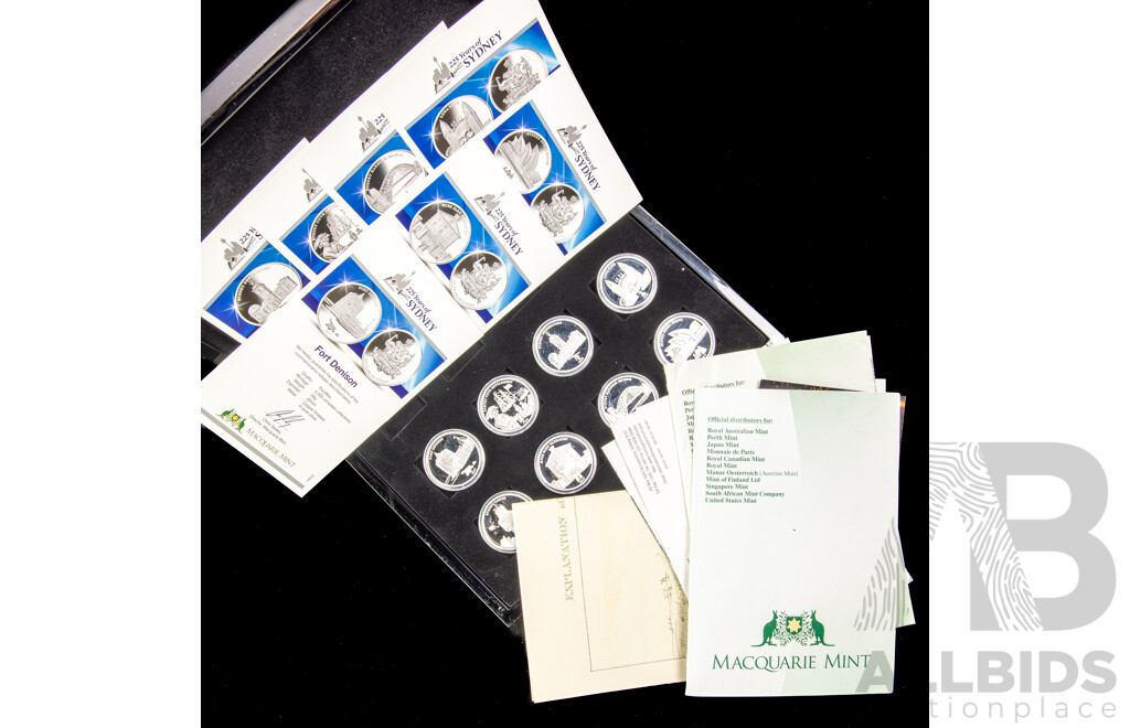Eight Australian Macquarie Mint 225 Years of Sydney Silver Plated Coins