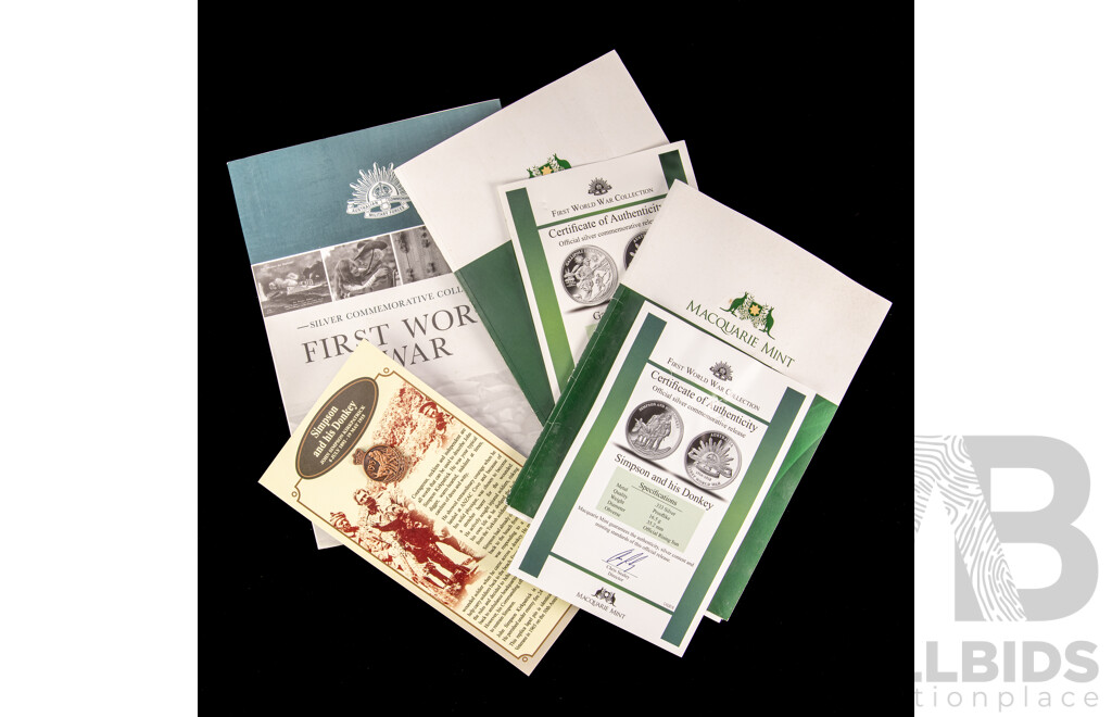 Australian Macquarie Mint First World War Silver Coins, Gallipoli Landing and Simpson and His Donkey .333